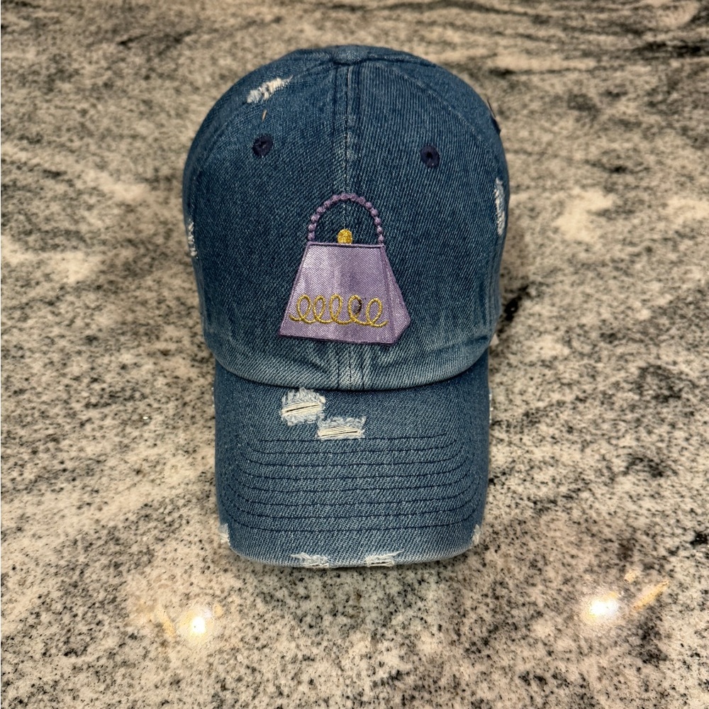 New Custom Designed Blue Distressed Baseball Cap w/ Handbag Design, Adjustable